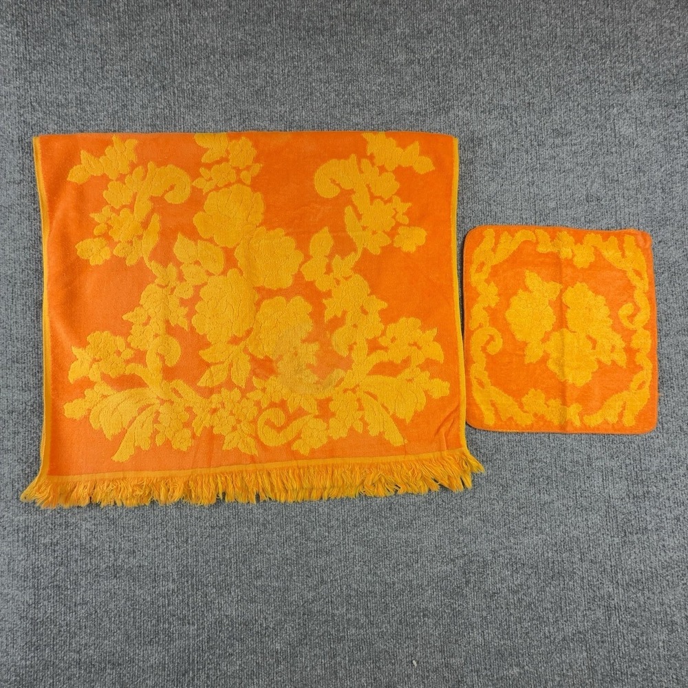 Vintage Cannon Monticello Towel Set Orange Floral 20x30 Cotton USA Washcloth